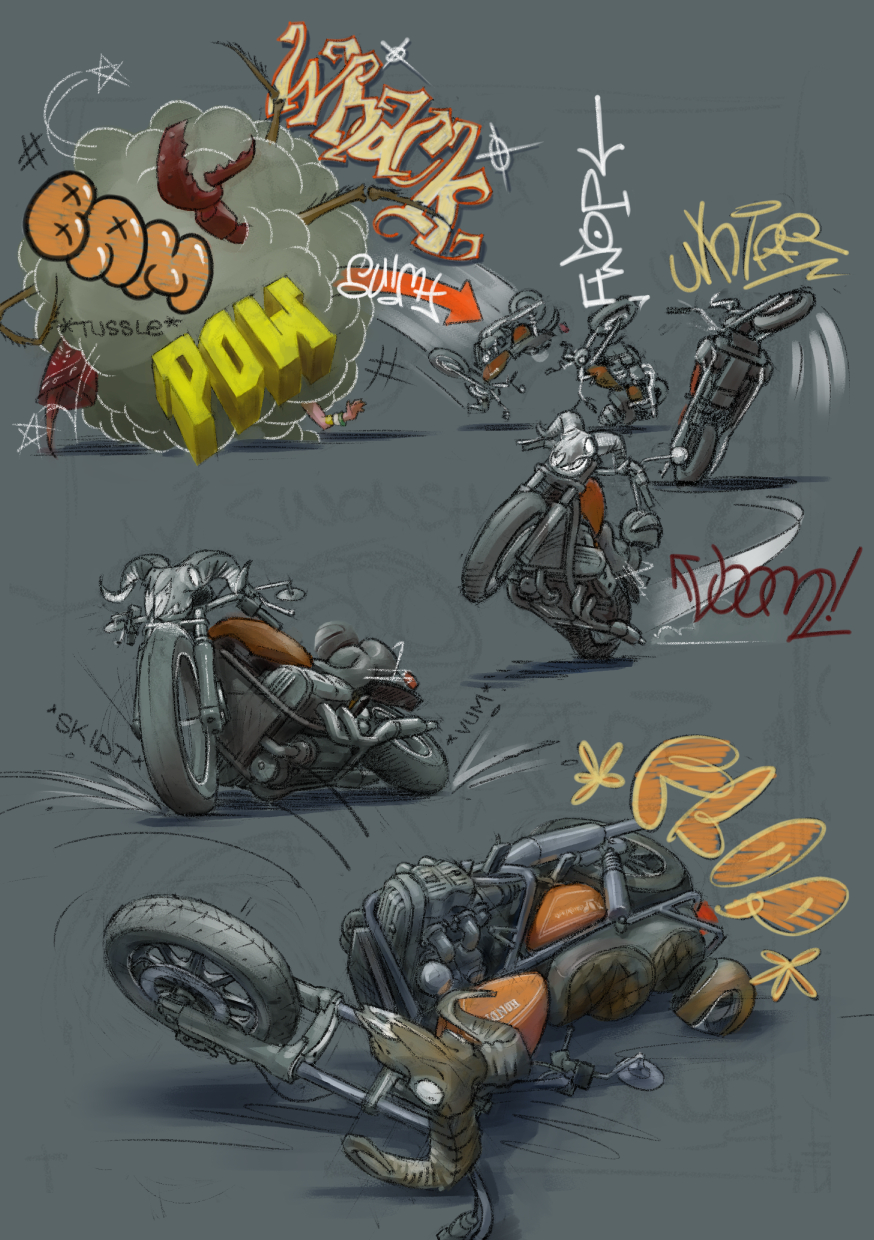 a cute comic about a goblin on a motorcycle, currently lacking an image description