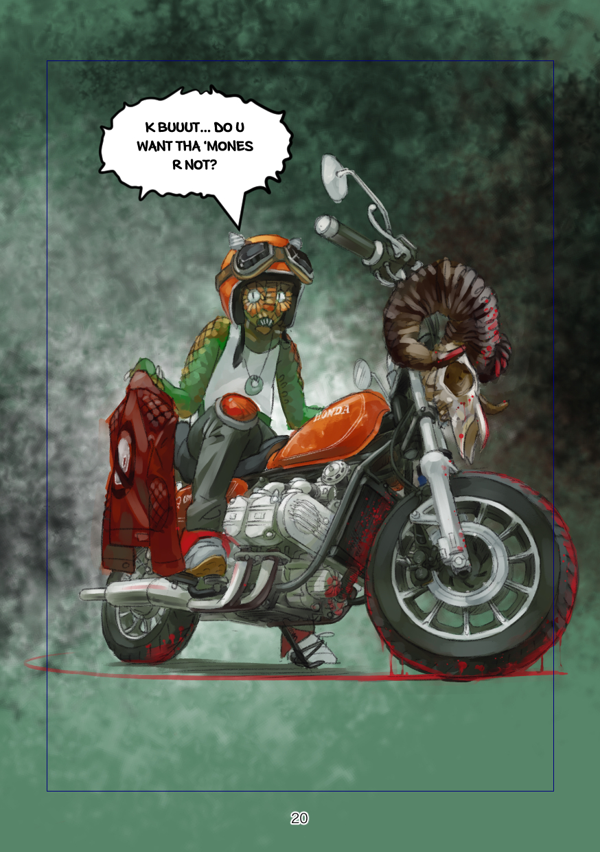 a cute comic about a goblin on a motorcycle, currently lacking an image description